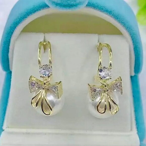 Jewelry - Gold Pearl Bow Drop Dangle Earrings Ribbon Charm Elegant Romantic Bridal